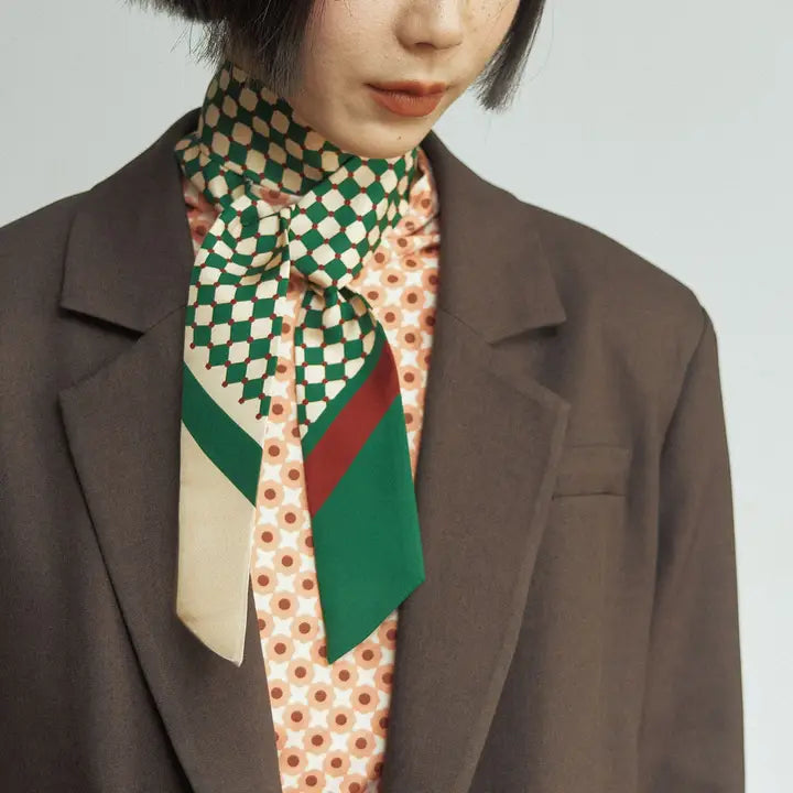 “Checkerboard” Silk Skinny Scarf - Green