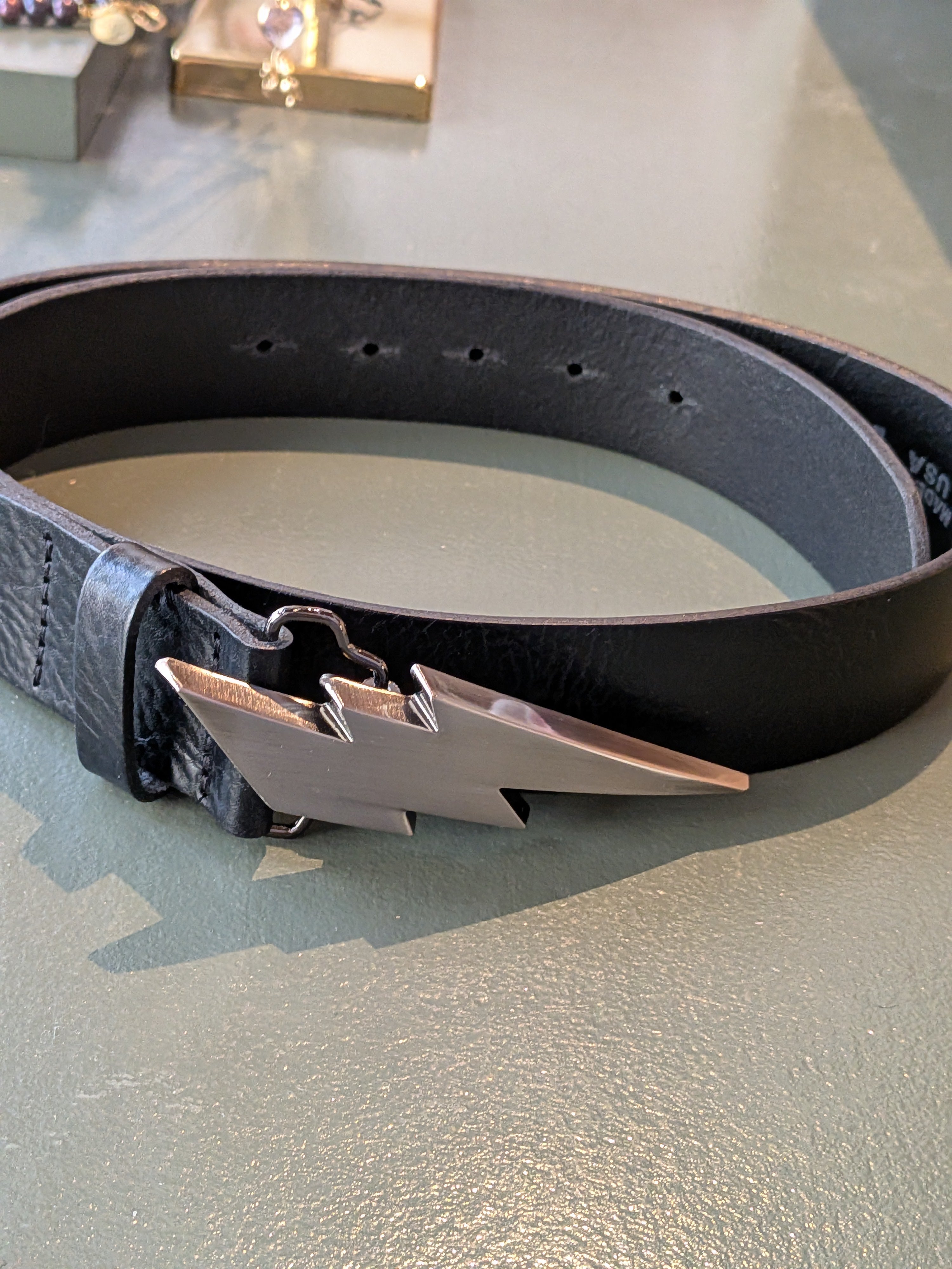 Kim White - Black Lightning Bolt Belt with Silver Buckle