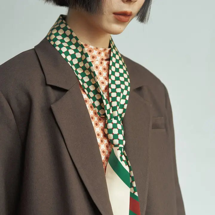 “Checkerboard” Silk Skinny Scarf - Green