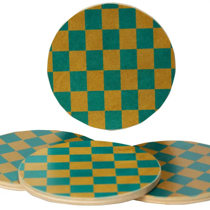 Checkers Gold/Teal Round Coasters