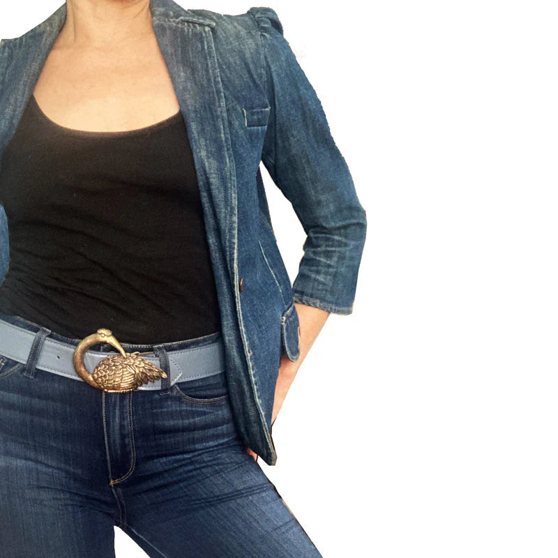 Kim White - Bird Buckle Belt - Sky Blue Leather
