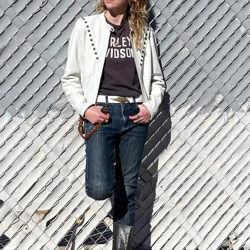 Kim White - White Lightning Bolt Belt w/ Silver Buckle