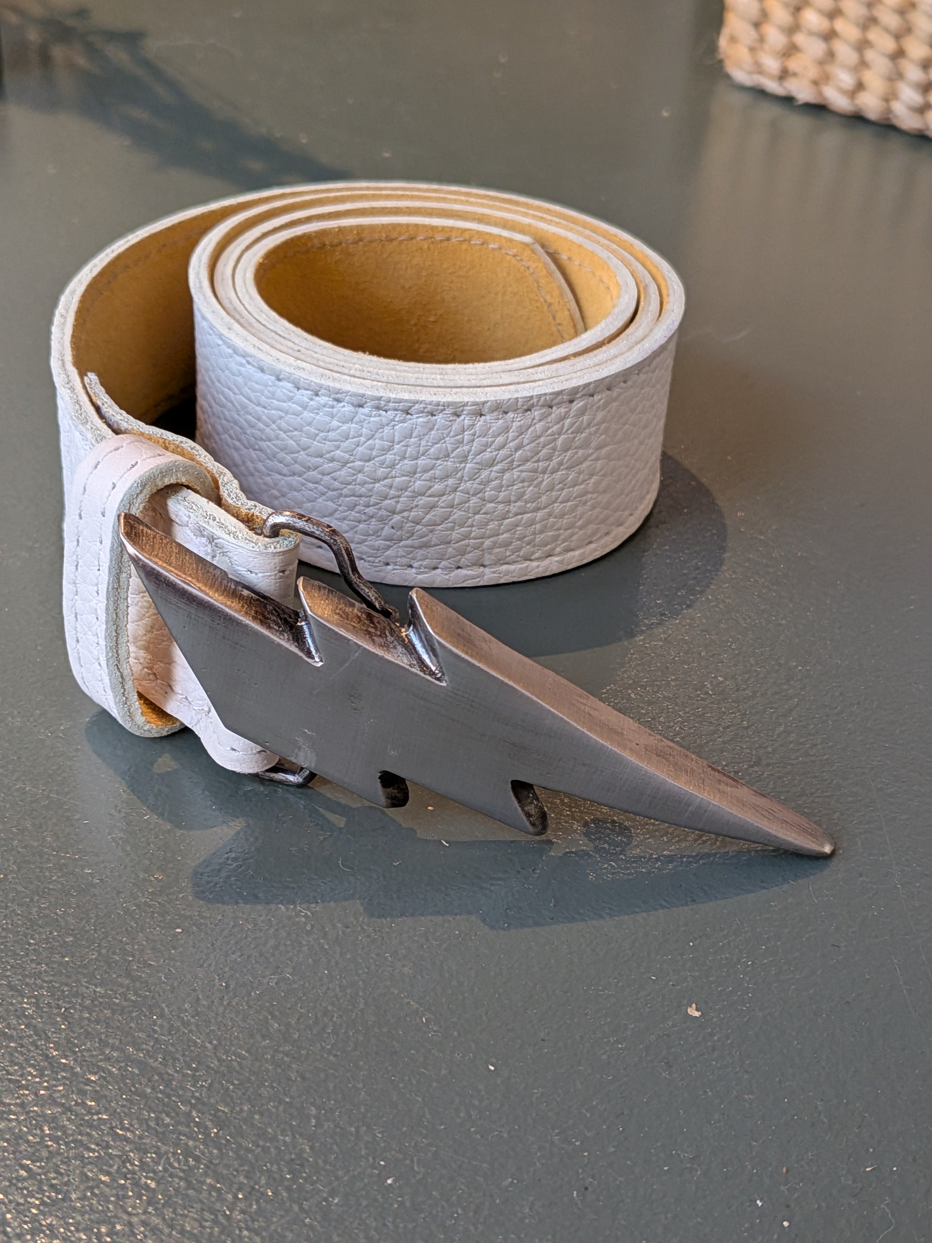 Kim White - White Lightning Bolt Belt w/ Silver Buckle