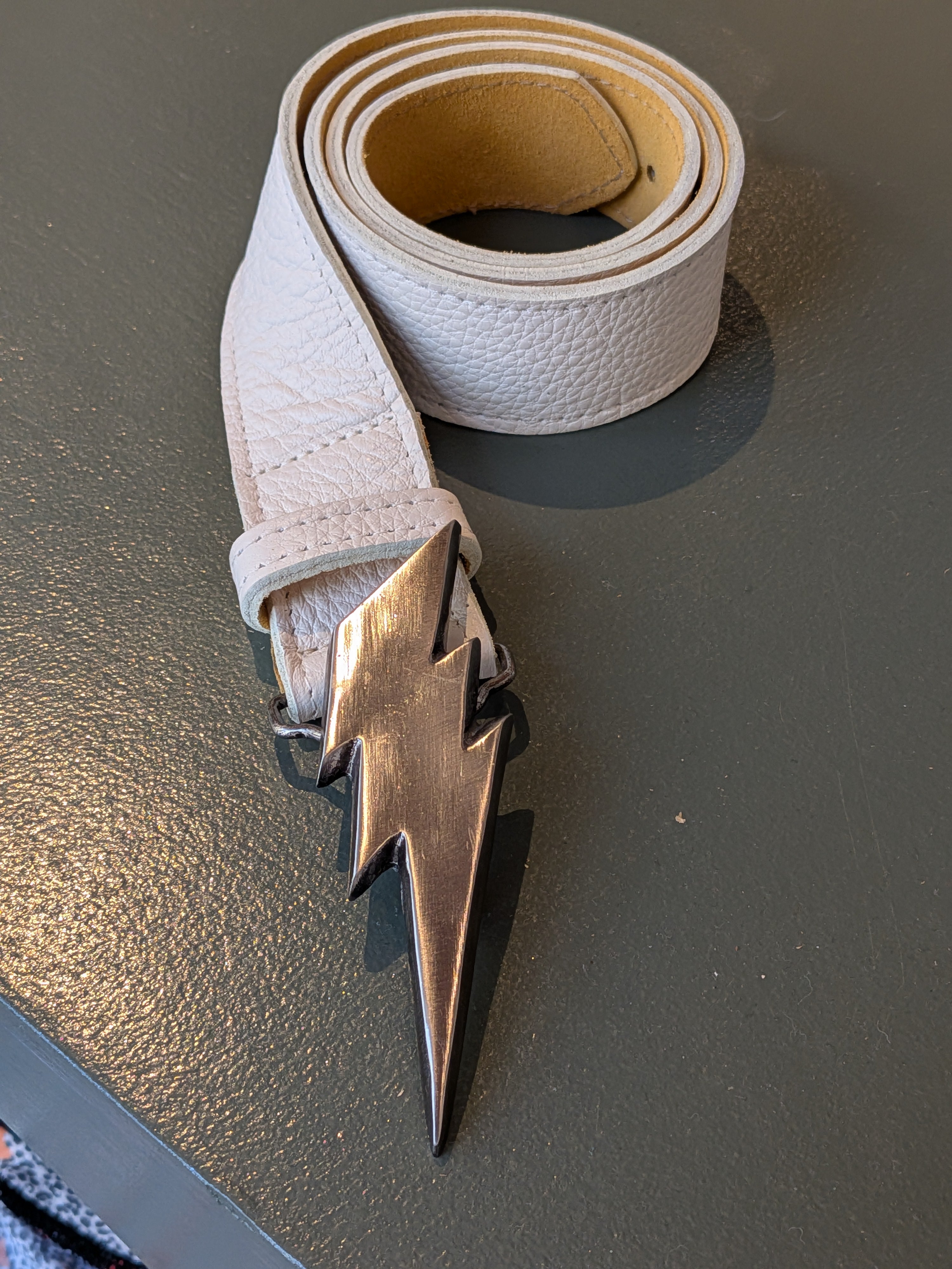 Kim White - White Lightning Bolt Belt w/ Silver Buckle
