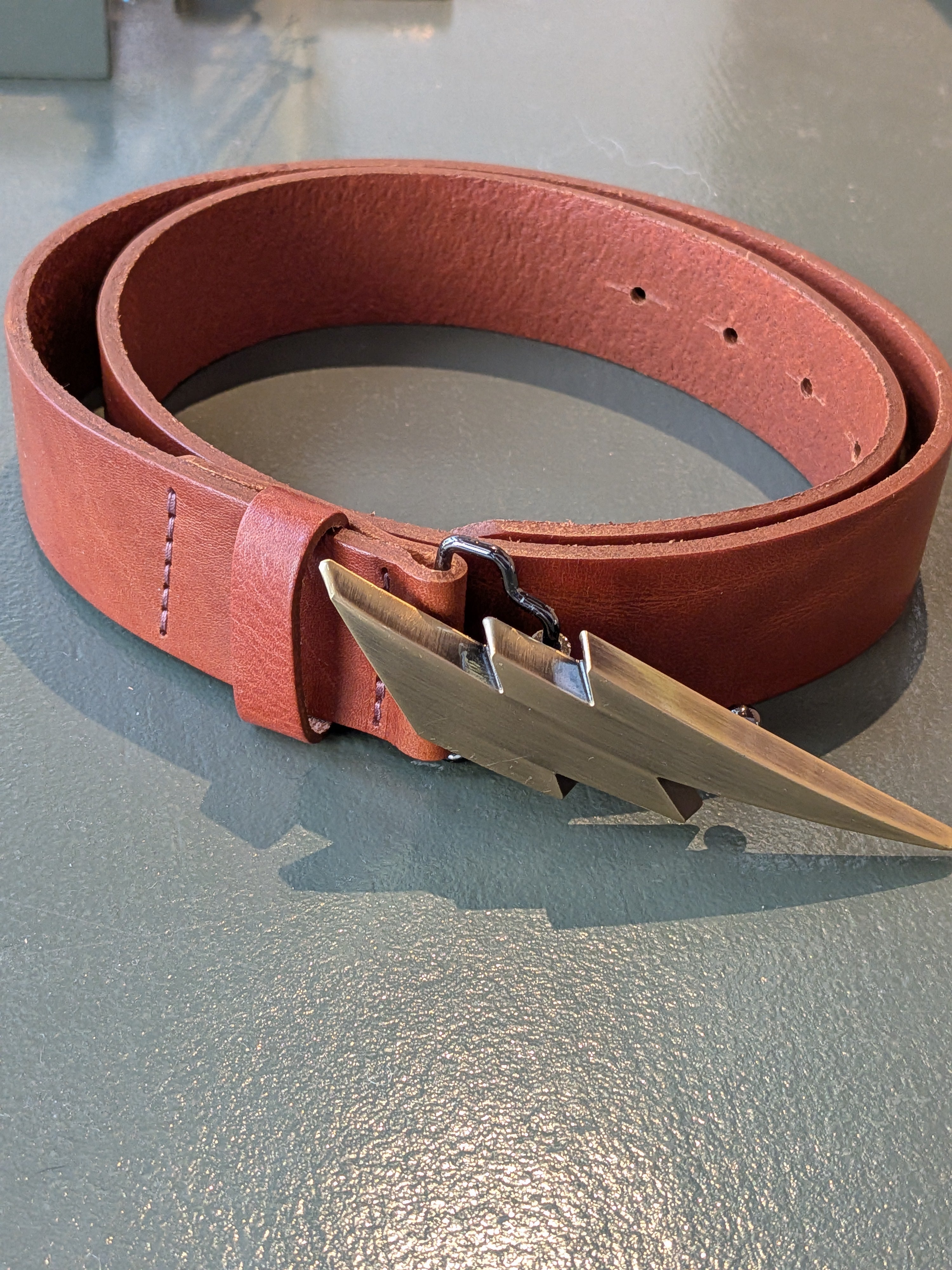 Kim White - Cognac Lightning Bolt Belt w/ Gold Buckle